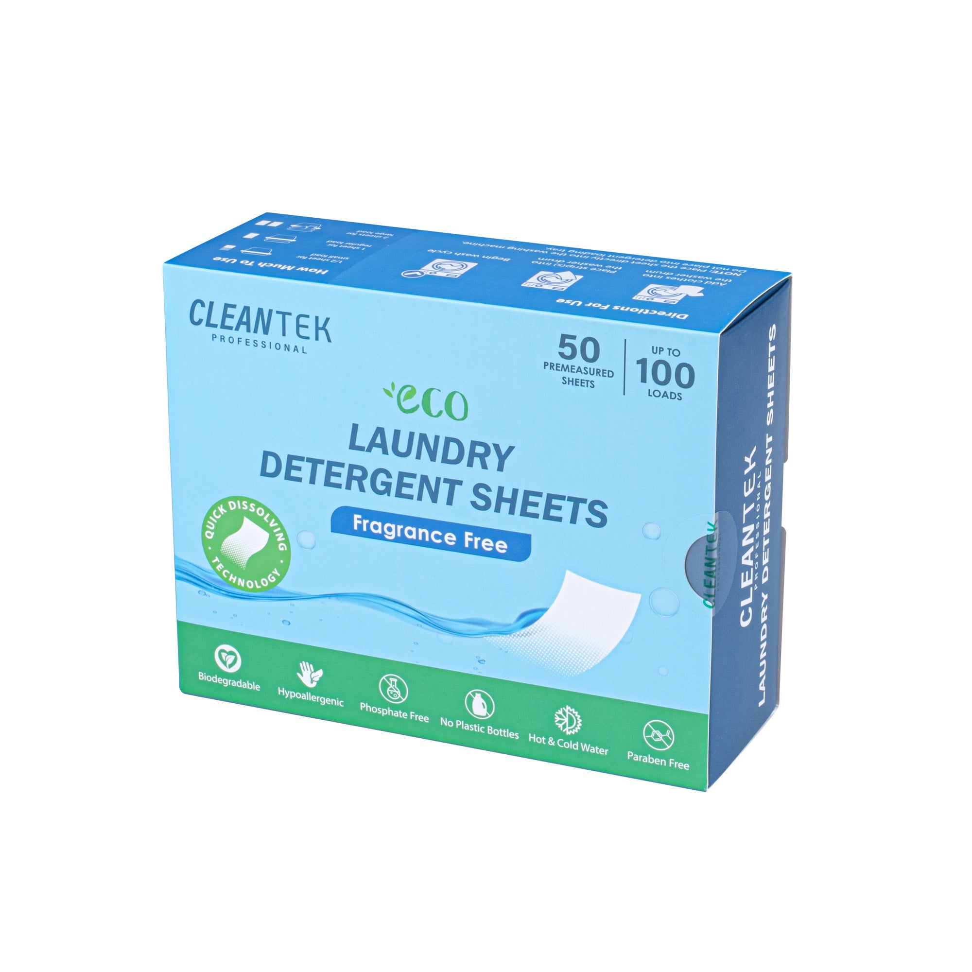 Clean Tek Professional Liquidless Laundry Detergent Sheet - Fragrance Free, Biodegradable, Hypoallergenic - 50 count box