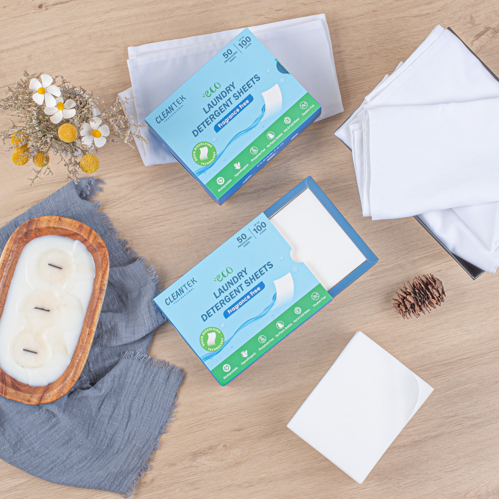 Clean Tek Professional Liquidless Laundry Detergent Sheet - Fragrance Free, Biodegradable, Hypoallergenic - 50 count box
