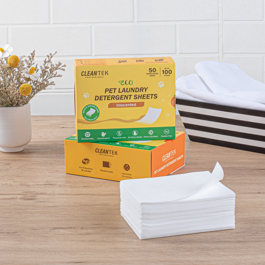 Clean Tek Professional Liquidless Pet Laundry Detergent Sheet - Unscented, Biodegradable, Hypoallergenic - 50 count box