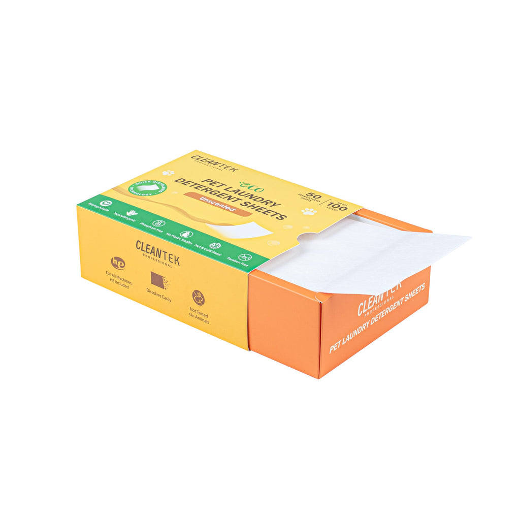 Clean Tek Professional Liquidless Pet Laundry Detergent Sheet - Unscented, Biodegradable, Hypoallergenic - 50 count box