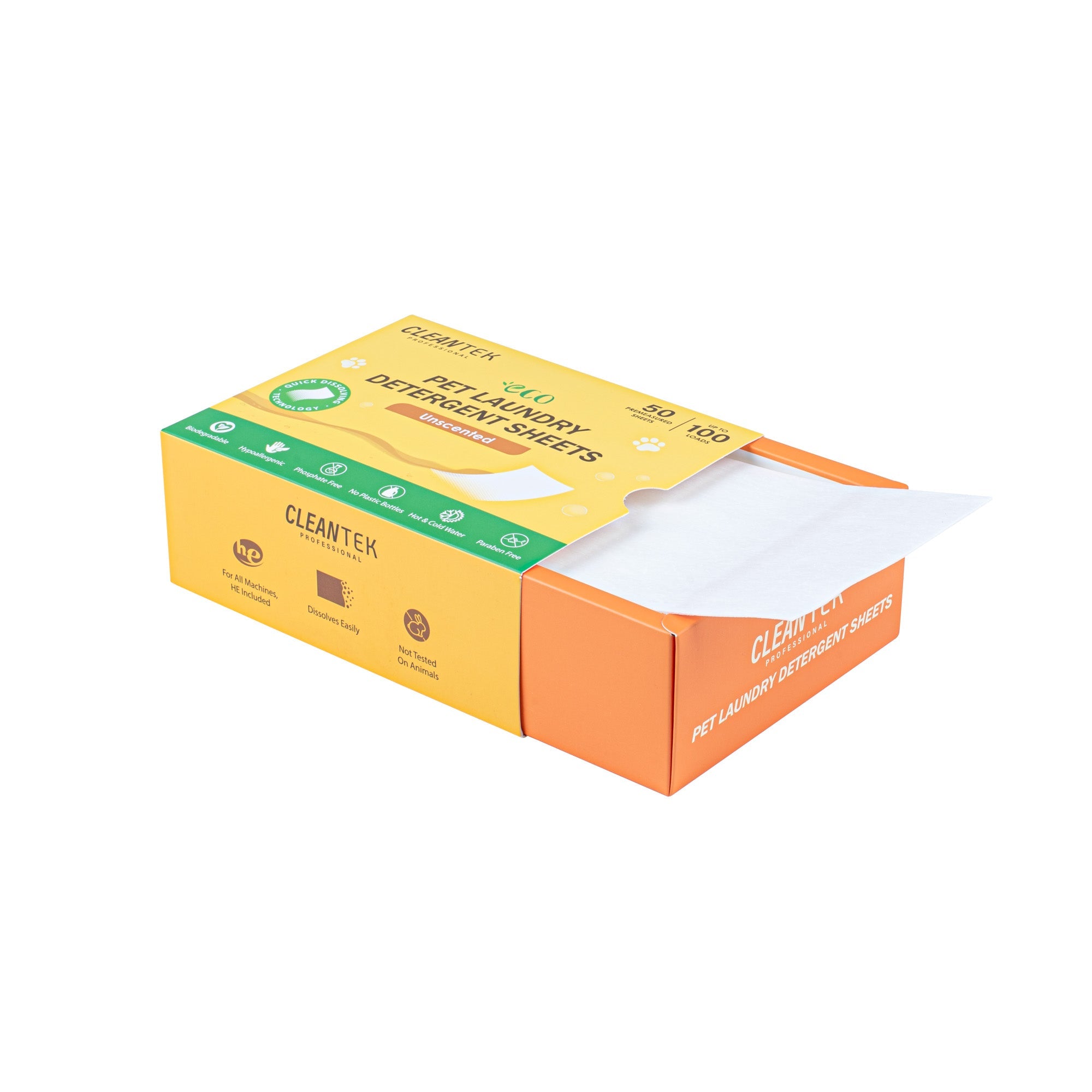Clean Tek Professional Liquidless Pet Laundry Detergent Sheet - Unscented, Biodegradable, Hypoallergenic - 50 count box