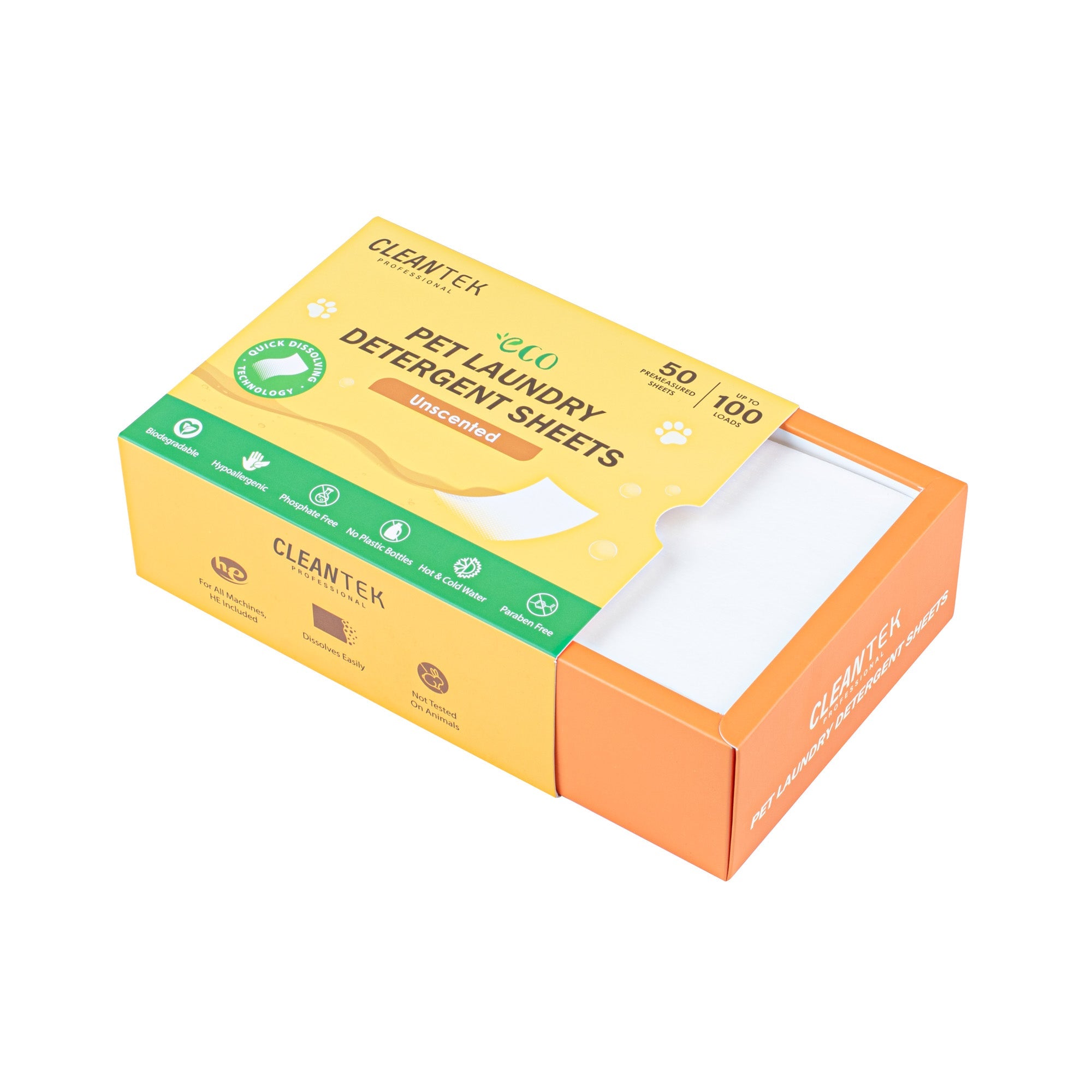 Clean Tek Professional Liquidless Pet Laundry Detergent Sheet - Unscented, Biodegradable, Hypoallergenic - 50 count box