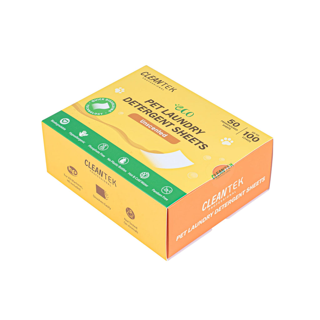 Clean Tek Professional Liquidless Pet Laundry Detergent Sheet - Unscented, Biodegradable, Hypoallergenic - 50 count box
