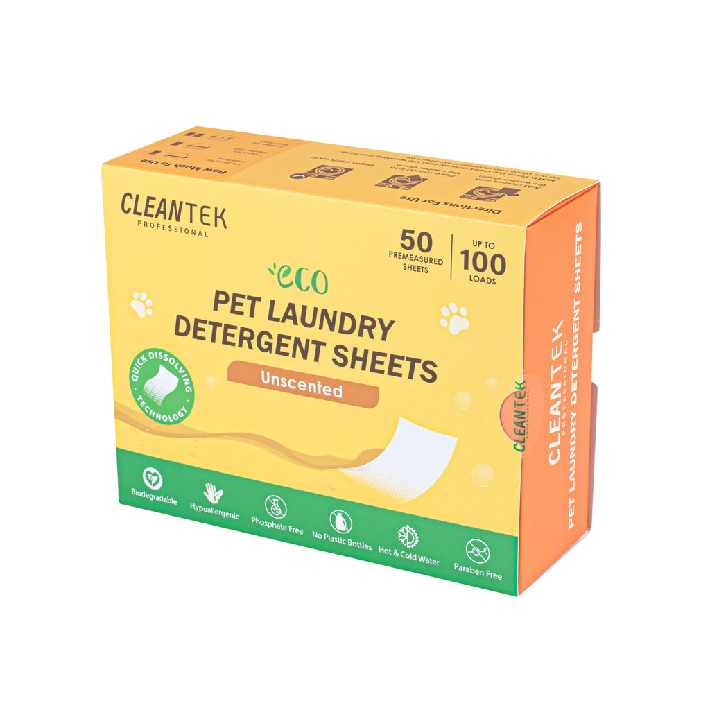 Clean Tek Professional Liquidless Pet Laundry Detergent Sheet - Unscented, Biodegradable, Hypoallergenic - 50 count box