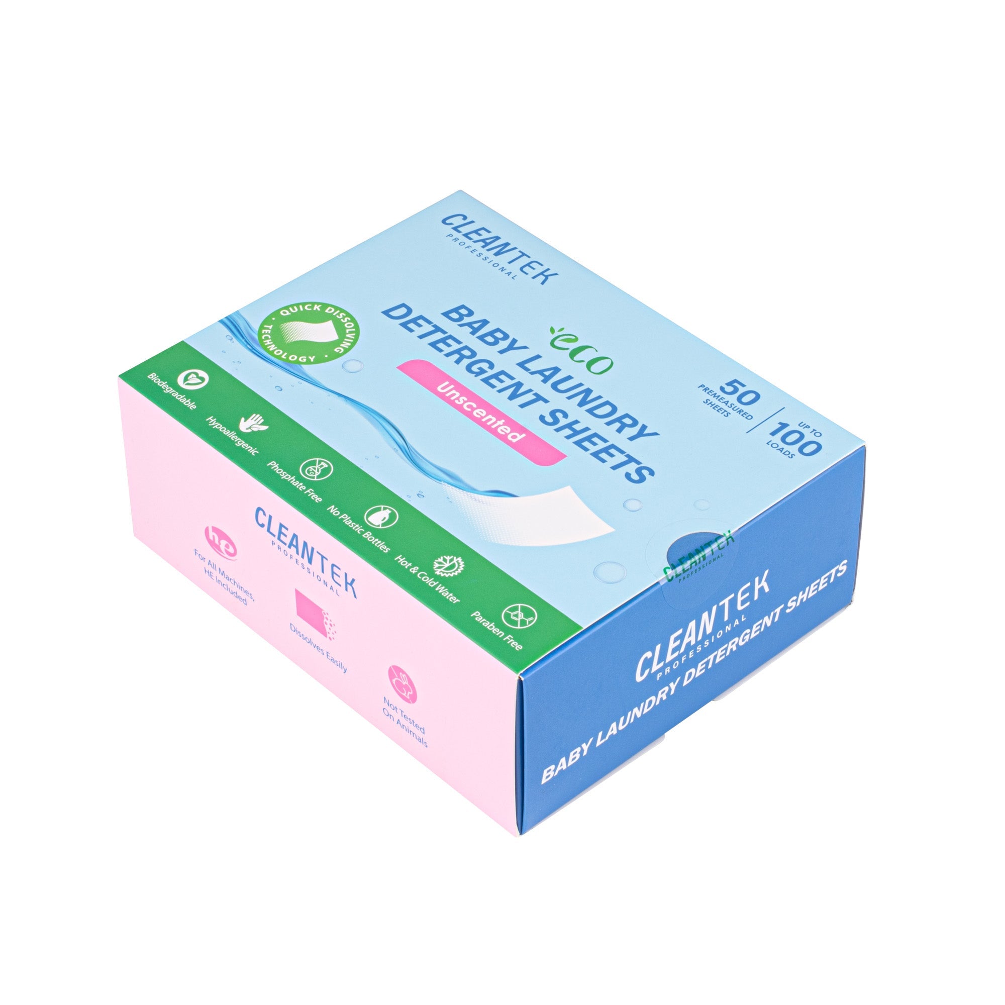 Clean Tek Professional Liquidless Baby Laundry Detergent Sheet - Unscented, Biodegradable, Hypoallergenic - 50 count box