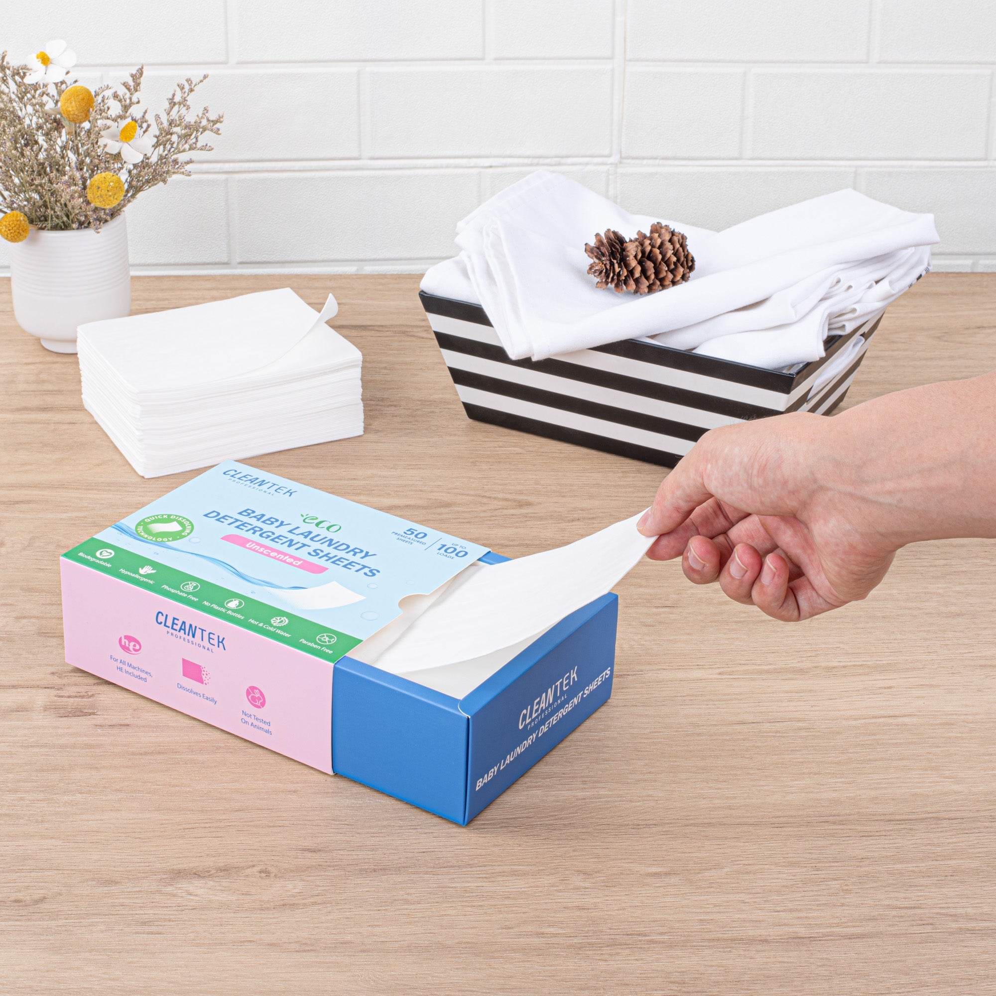 Clean Tek Professional Liquidless Baby Laundry Detergent Sheet - Unscented, Biodegradable, Hypoallergenic - 50 count box