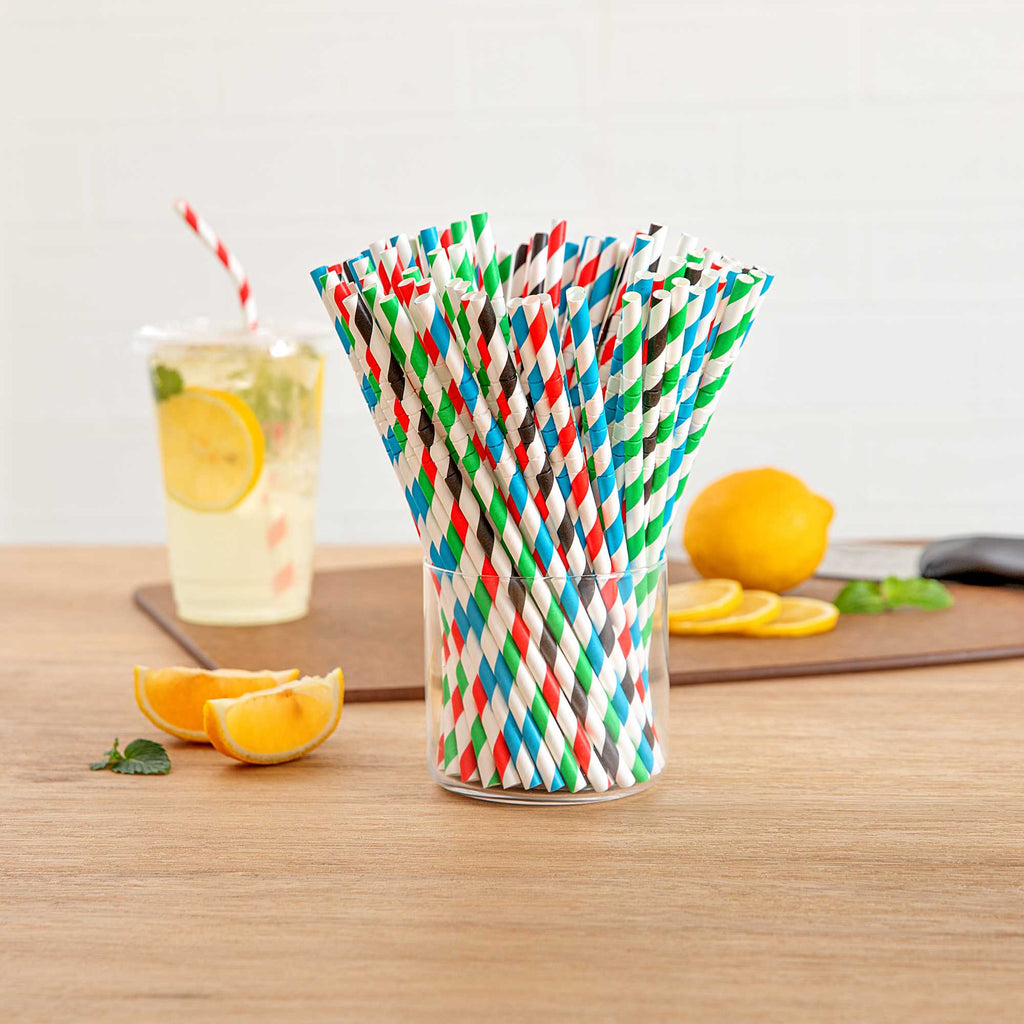 Basic Nature Assorted Paper Bendable Straw - Unwrapped, Biodegradable, 6 mm - 7 3/4" - 100 count box