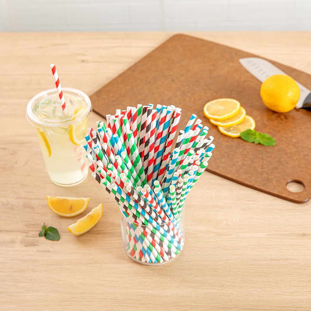 Basic Nature Assorted Paper Bendable Straw - Unwrapped, Biodegradable, 6 mm - 7 3/4" - 100 count box