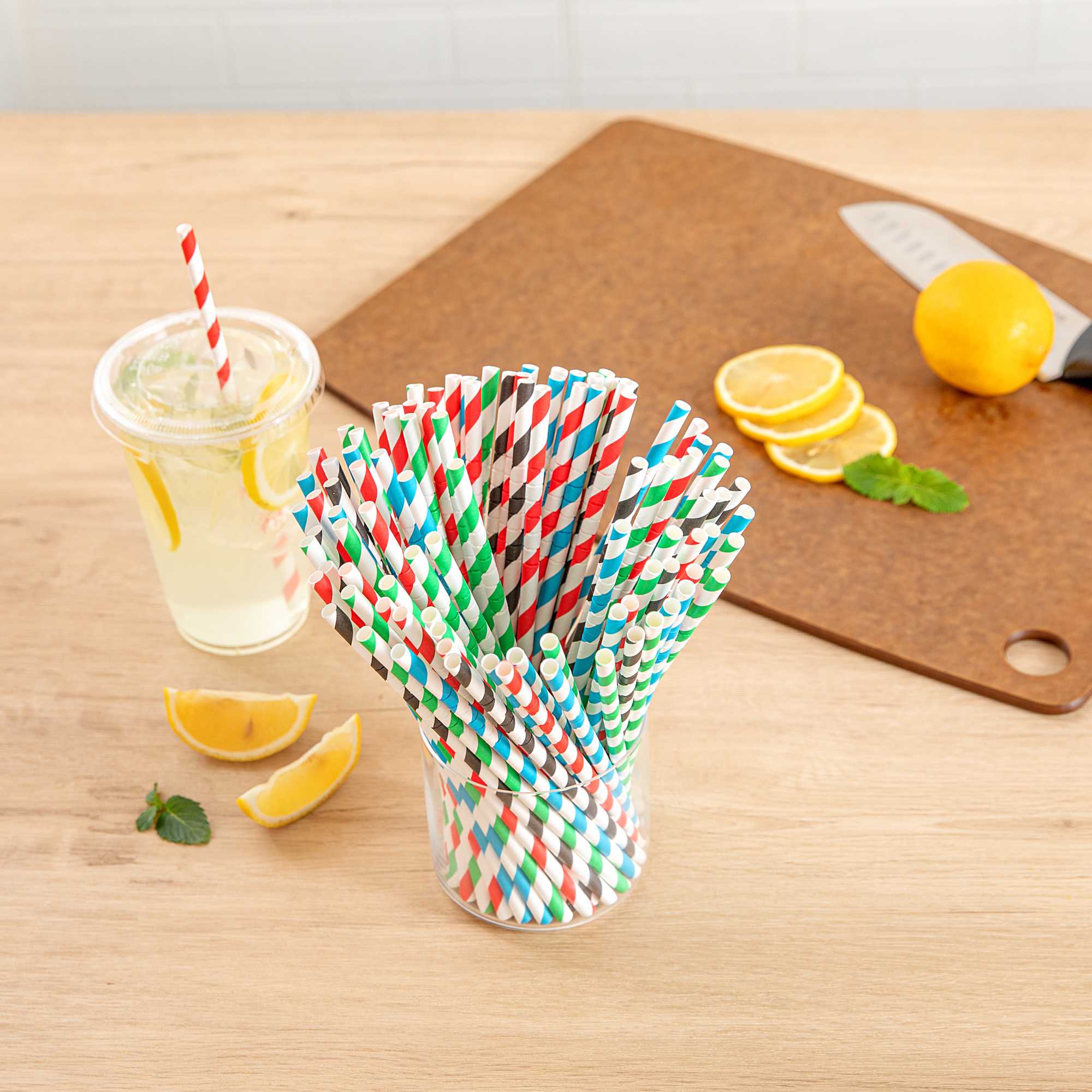 Basic Nature Assorted Paper Bendable Straw - Unwrapped, Biodegradable, 6 mm - 7 3/4" - 100 count box