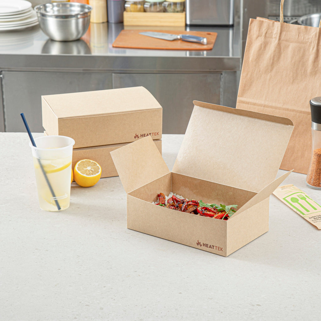 Heat Tek Kraft Paper Take Out Container - Oven-Safe, with Tuck Top - 9" x 5 3/4" x 2 3/4" - 100 count box