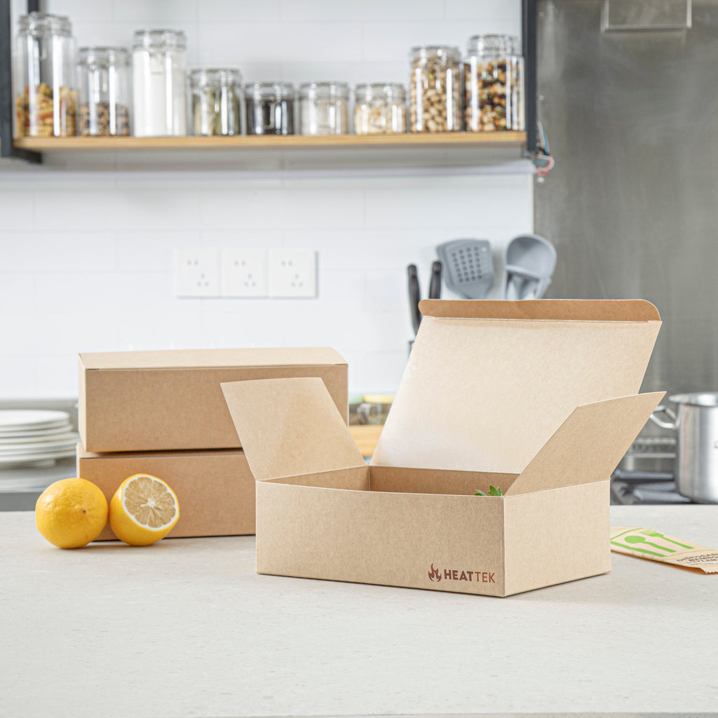 Heat Tek Kraft Paper Take Out Container - Oven-Safe, with Tuck Top - 9" x 5 3/4" x 2 3/4" - 100 count box