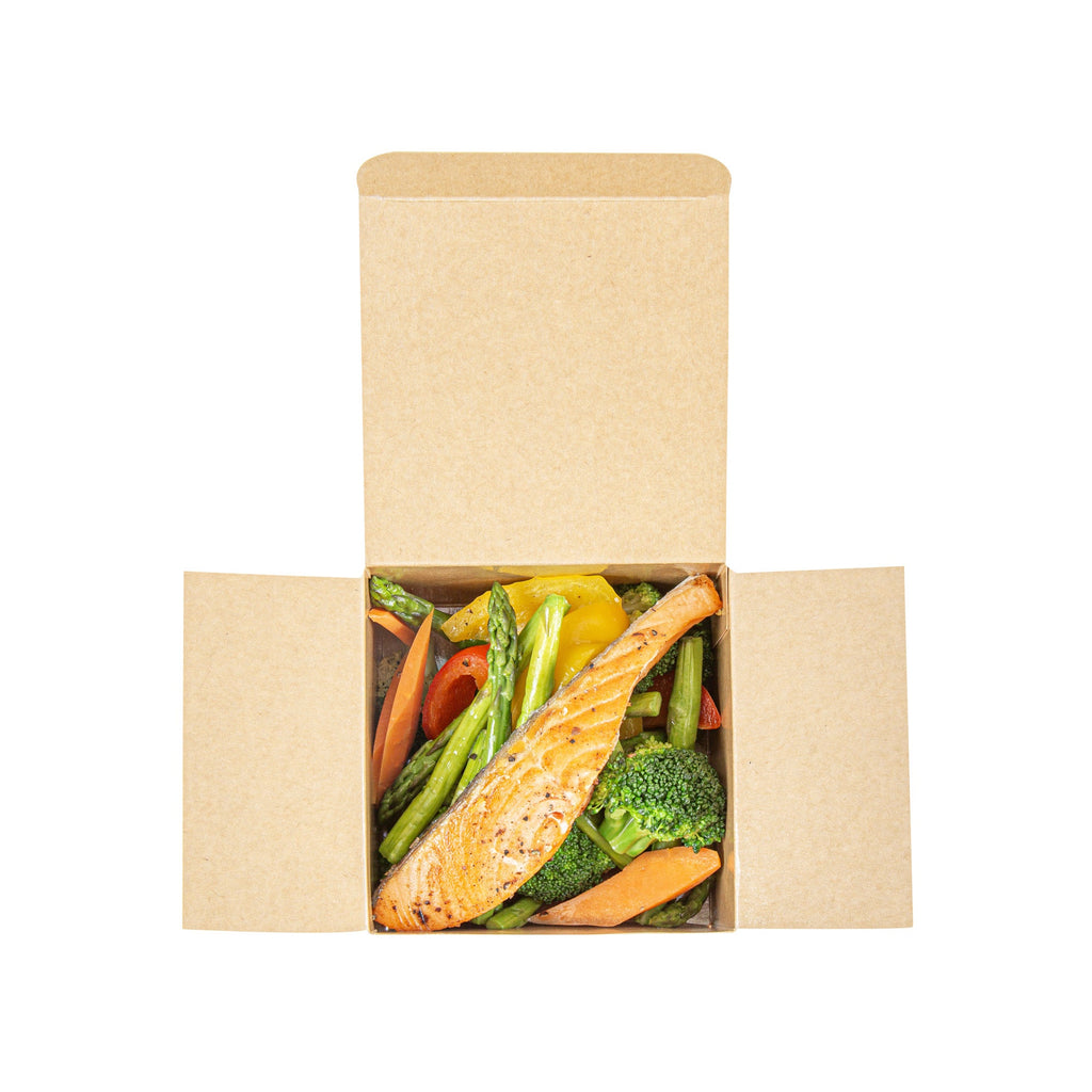 Heat Tek Kraft Paper Take Out Container - Oven-Safe, with Tuck Top - 4 1/2" x 4 1/2" x 3" - 100 count box