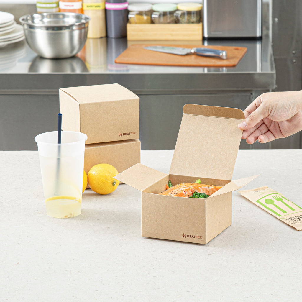 Heat Tek Kraft Paper Take Out Container - Oven-Safe, with Tuck Top - 4 1/2" x 4 1/2" x 3" - 100 count box