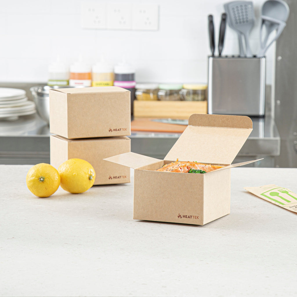 Heat Tek Kraft Paper Take Out Container - Oven-Safe, with Tuck Top - 4 1/2" x 4 1/2" x 3" - 100 count box