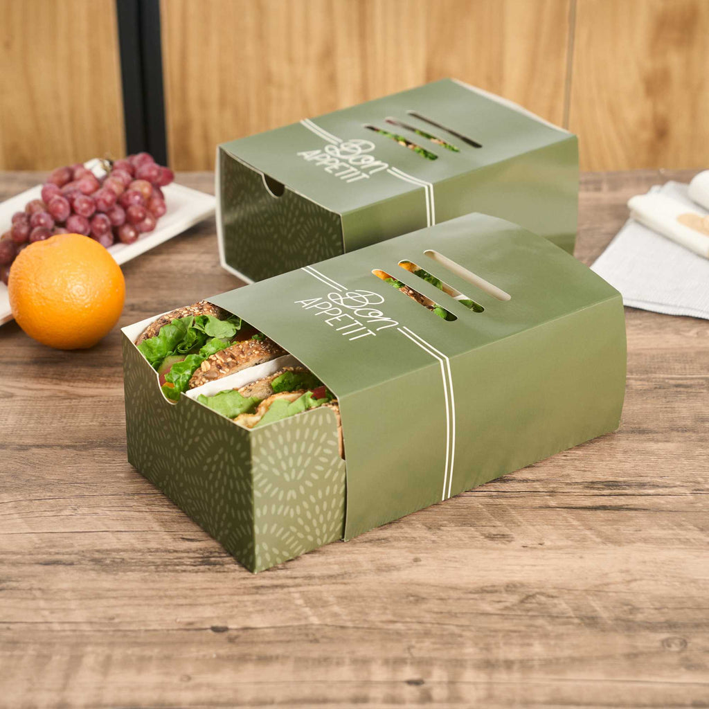 Cater Tek Rectangle Green Paper Hot Dog / Sandwich Tray - with Cover and Divider - 8 1/4" x 5 3/4" x 3 3/4" - 100 count box