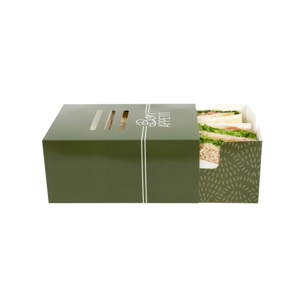 Cater Tek Rectangle Green Paper Hot Dog / Sandwich Tray - with Cover and Divider - 8 1/4" x 5 3/4" x 3 3/4" - 100 count box