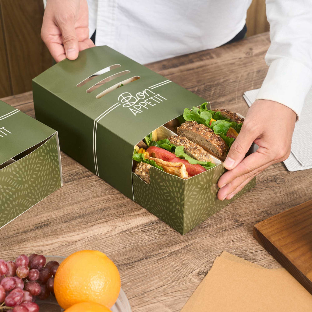Cater Tek Rectangle Green Paper Hot Dog / Sandwich Tray - with Cover and Divider - 8 1/4" x 5 3/4" x 3 3/4" - 100 count box