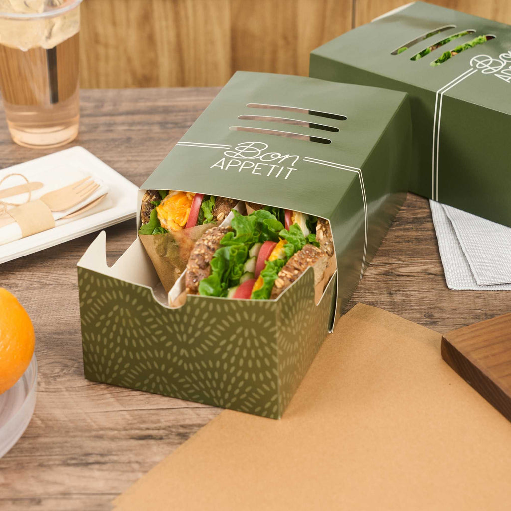Cater Tek Rectangle Green Paper Hot Dog / Sandwich Tray - with Cover and Divider - 8 1/4" x 5 3/4" x 3 3/4" - 100 count box