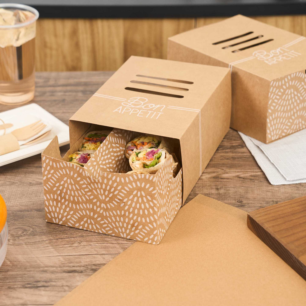 Cater Tek Rectangle Kraft Paper Hot Dog / Sandwich Tray - with Cover and Divider - 8 1/4" x 5 3/4" x 3 3/4" - 100 count box