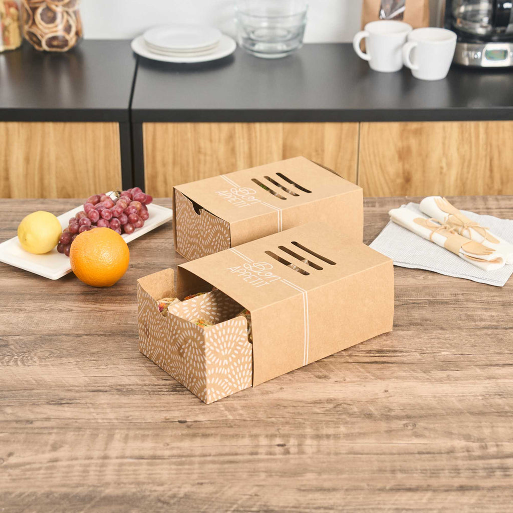 Cater Tek Rectangle Kraft Paper Hot Dog / Sandwich Tray - with Cover and Divider - 8 1/4" x 5 3/4" x 3 3/4" - 100 count box