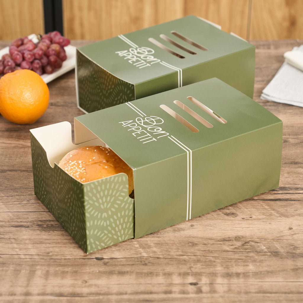 Cater Tek Rectangle Green Paper Burger Tray - with Cover and Divider - 8 1/4" x 5 3/4" x 3 3/4" - 100 count box
