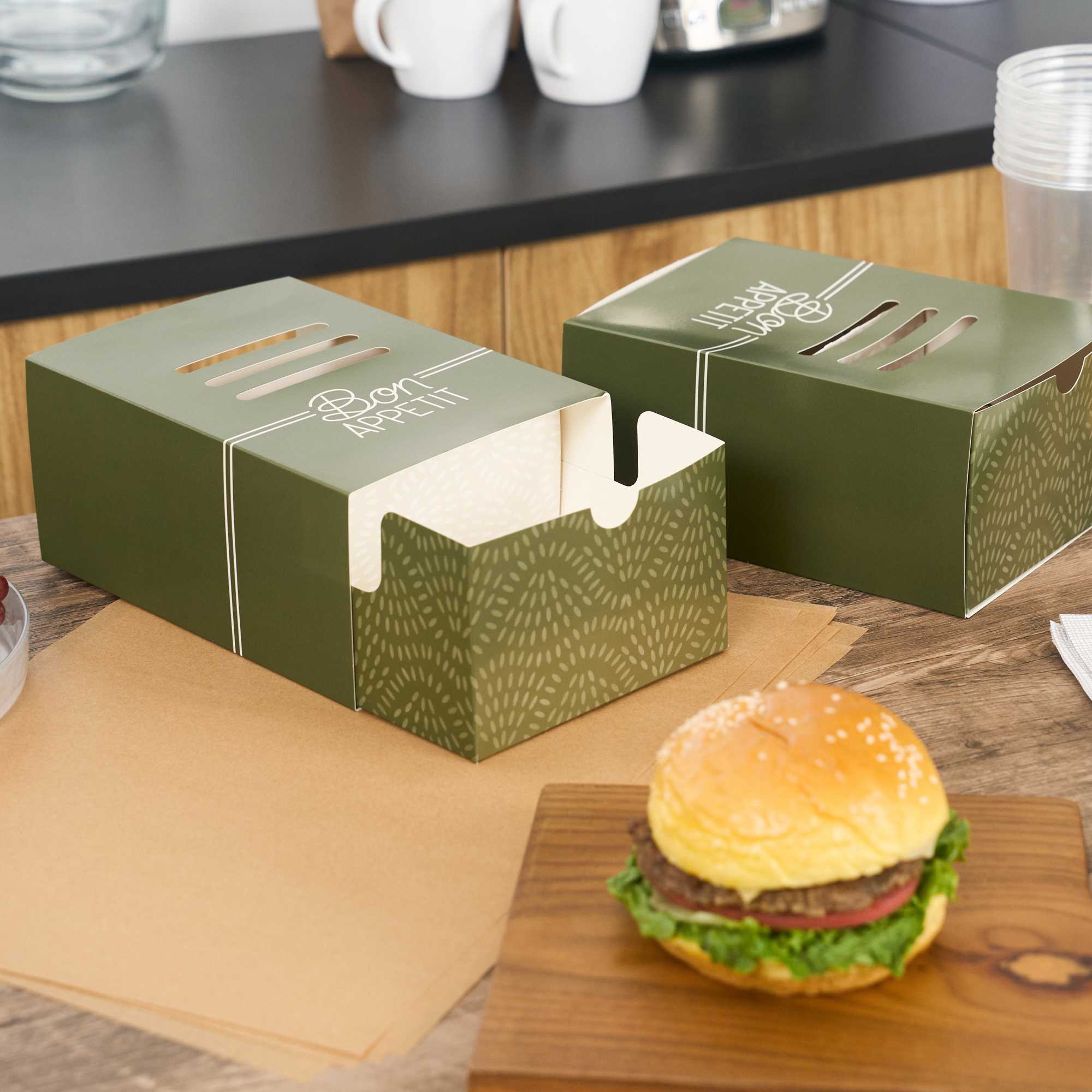 Cater Tek Rectangle Green Paper Burger Tray - with Cover and Divider - 8 1/4" x 5 3/4" x 3 3/4" - 100 count box