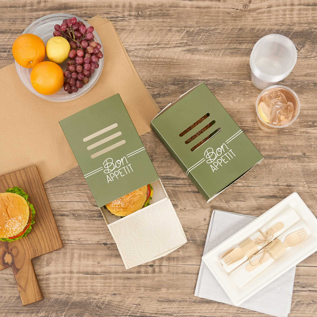Cater Tek Rectangle Green Paper Burger Tray - with Cover and Divider - 8 1/4" x 5 3/4" x 3 3/4" - 100 count box