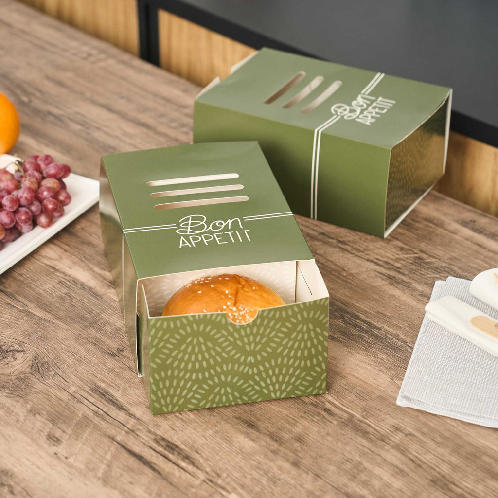 Cater Tek Rectangle Green Paper Burger Tray - with Cover and Divider - 8 1/4" x 5 3/4" x 3 3/4" - 100 count box