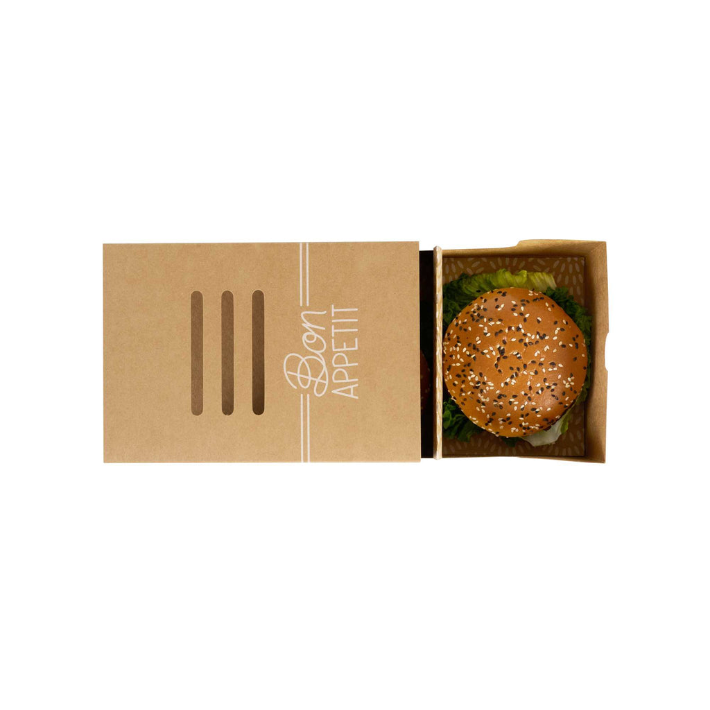 Cater Tek Rectangle Kraft Paper Burger Tray - with Cover and Divider - 8 1/4" x 5 3/4" x 3 3/4" - 100 count box