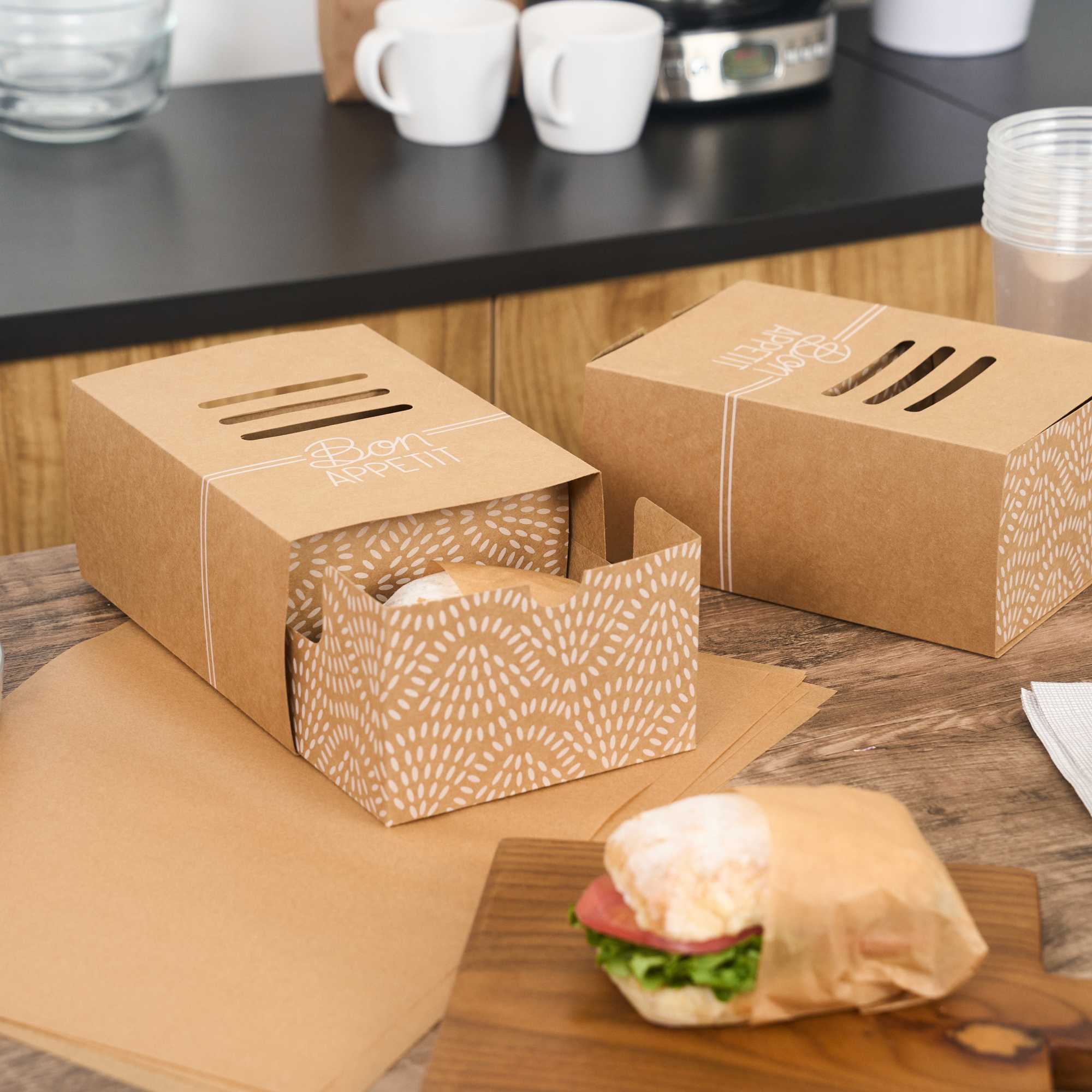 Cater Tek Rectangle Kraft Paper Burger Tray - with Cover and Divider - 8 1/4" x 5 3/4" x 3 3/4" - 100 count box