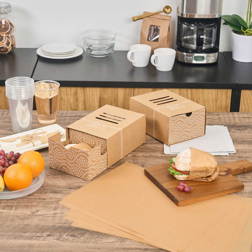 Cater Tek Rectangle Kraft Paper Burger Tray - with Cover and Divider - 8 1/4" x 5 3/4" x 3 3/4" - 100 count box
