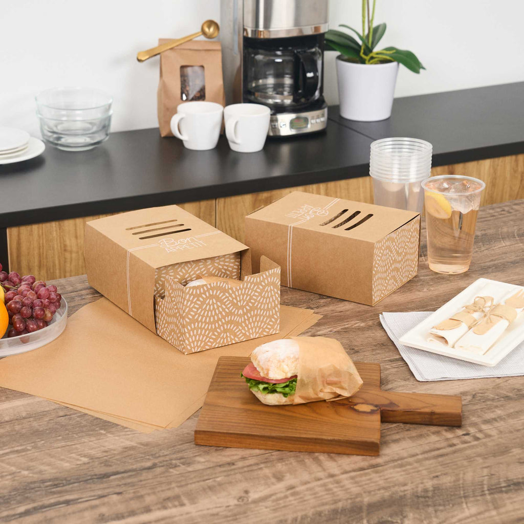Cater Tek Rectangle Kraft Paper Burger Tray - with Cover and Divider - 8 1/4" x 5 3/4" x 3 3/4" - 100 count box
