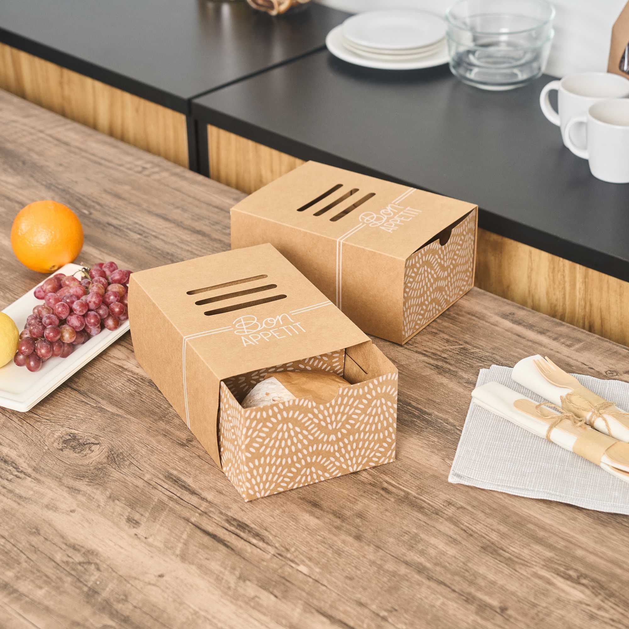 Cater Tek Rectangle Kraft Paper Burger Tray - with Cover and Divider - 8 1/4" x 5 3/4" x 3 3/4" - 100 count box