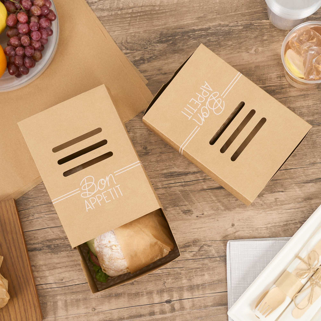 Cater Tek Rectangle Kraft Paper Burger Tray - with Cover and Divider - 8 1/4" x 5 3/4" x 3 3/4" - 100 count box