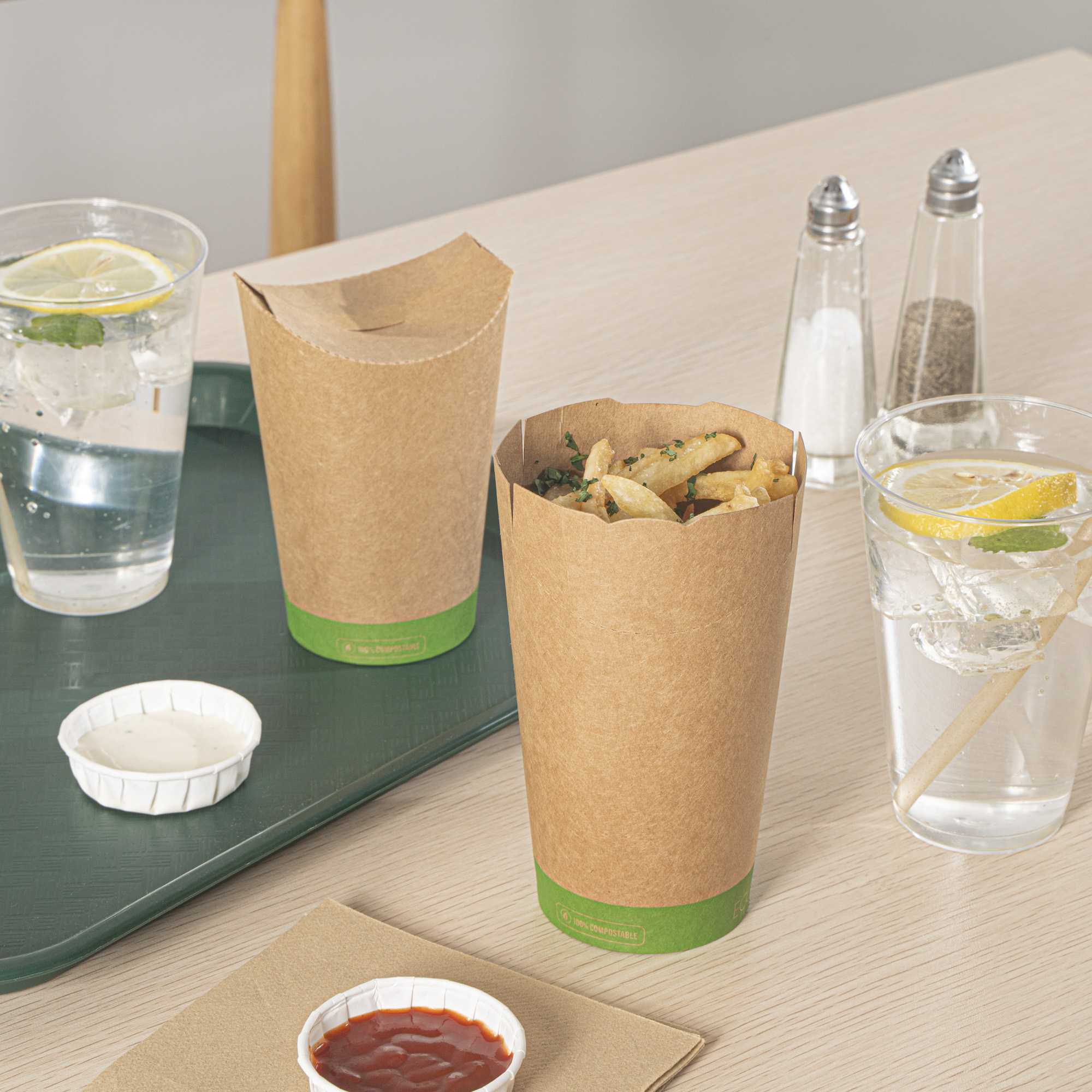 Sustain 20 oz Round Kraft Paper To Go Fry Cup - with PLA Lining, Compostable - 3 1/4" x 3 1/4" x 5" - 100 count box