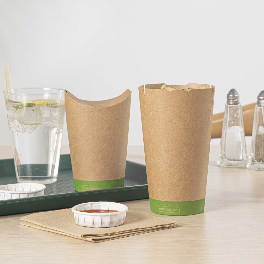 Sustain 20 oz Round Kraft Paper To Go Fry Cup - with PLA Lining, Compostable - 3 1/4" x 3 1/4" x 5" - 100 count box