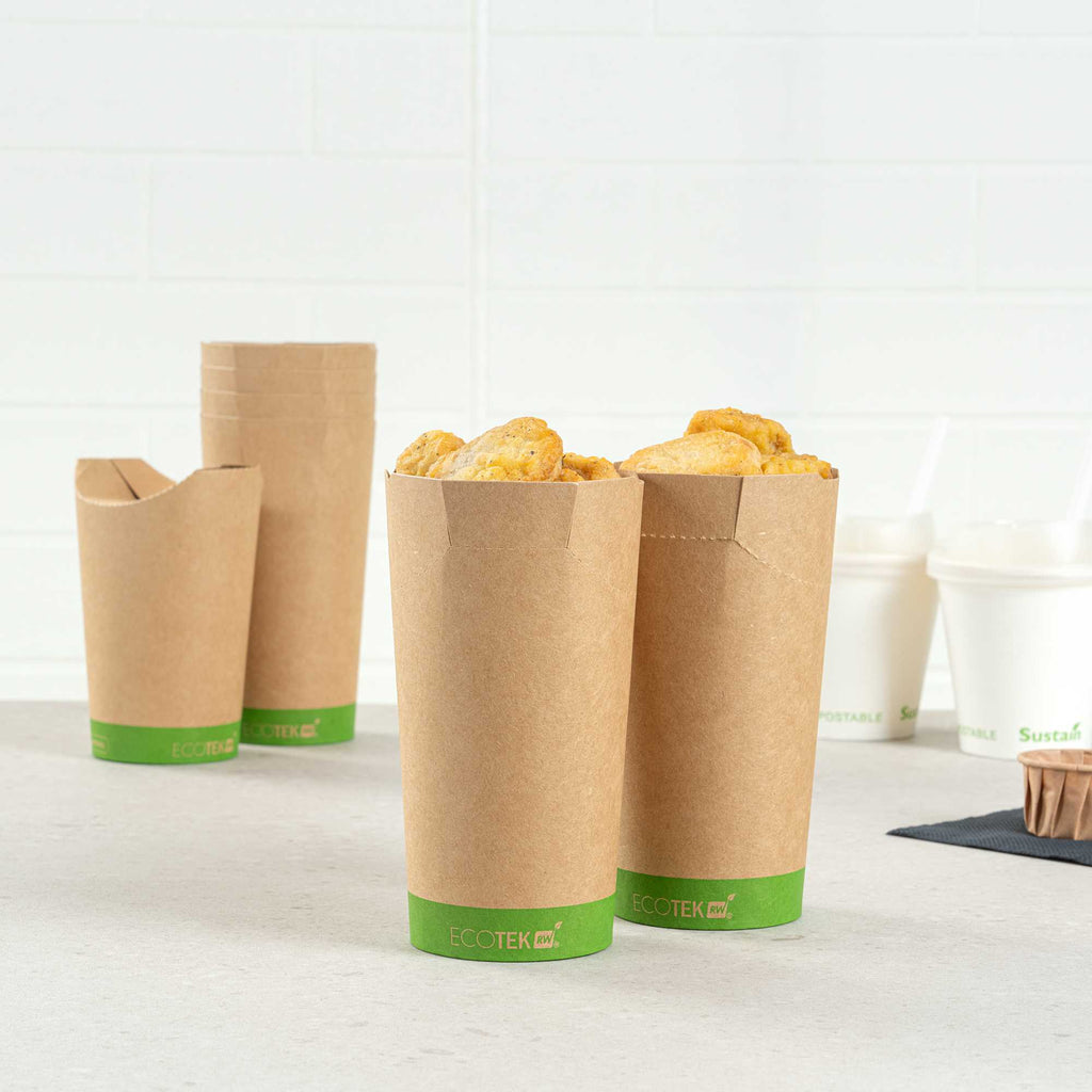 Sustain 20 oz Round Kraft Paper To Go Fry Cup - with PLA Lining, Compostable - 3 1/4" x 3 1/4" x 5" - 100 count box