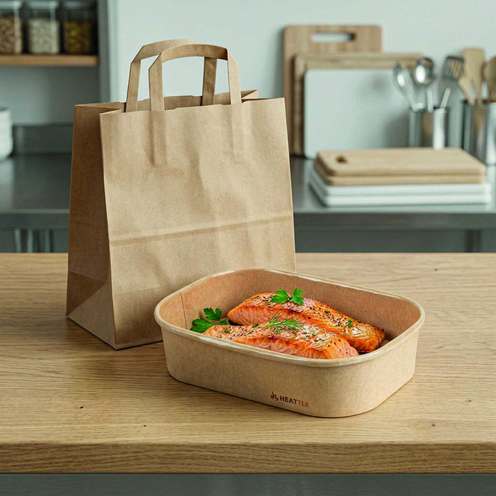 Heat Tek 17 oz Oval Kraft Paper Serving Container - Oven-Safe - 6 3/4" x 4 3/4" x 1 1/2" - 25 count box