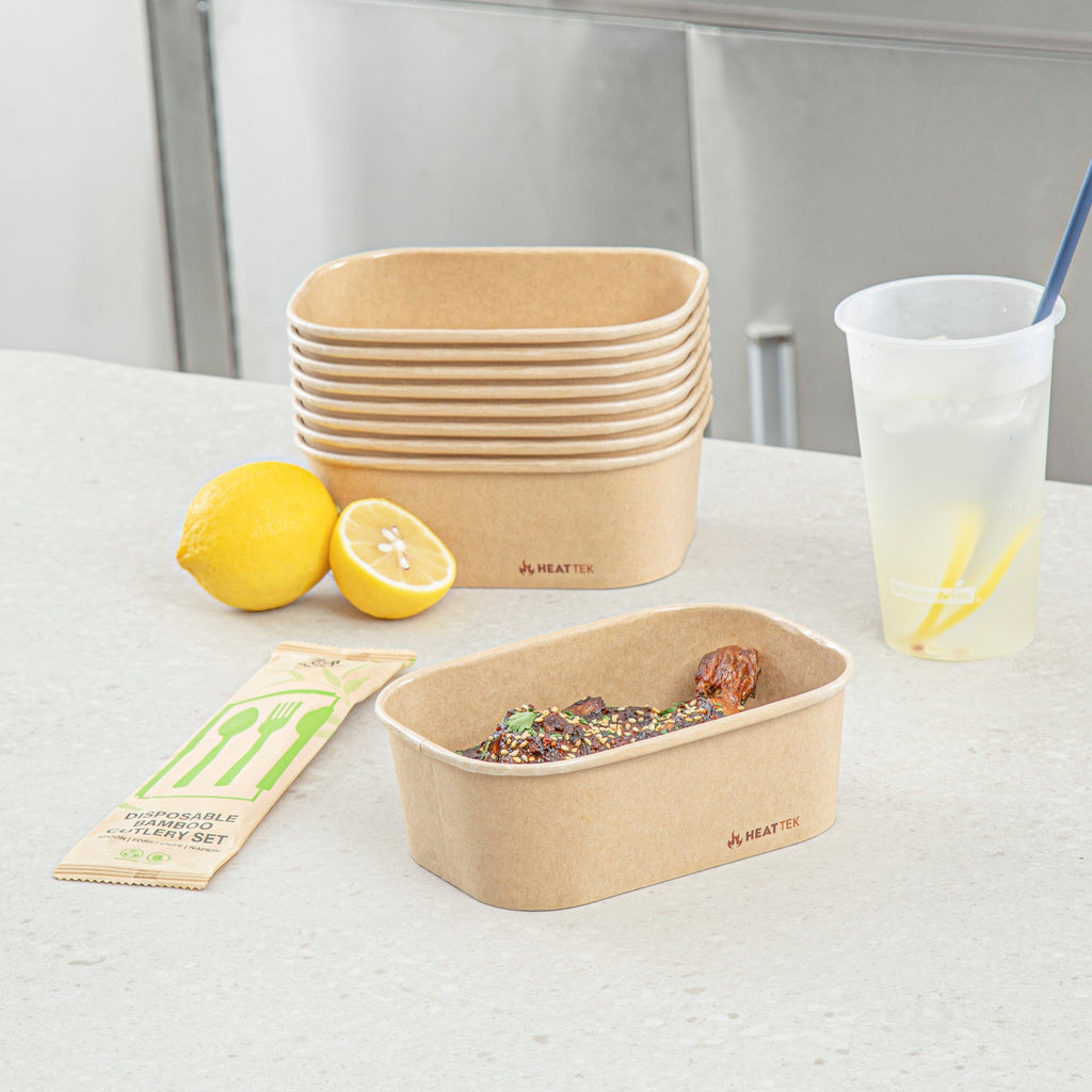 Heat Tek 25 oz Oval Kraft Paper Serving Container - Oven-Safe - 6 3/4" x 4 3/4" x 2 1/4" -100 count box