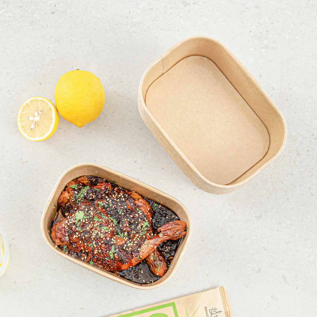 Heat Tek 25 oz Oval Kraft Paper Serving Container - Oven-Safe - 6 3/4" x 4 3/4" x 2 1/4" -100 count box