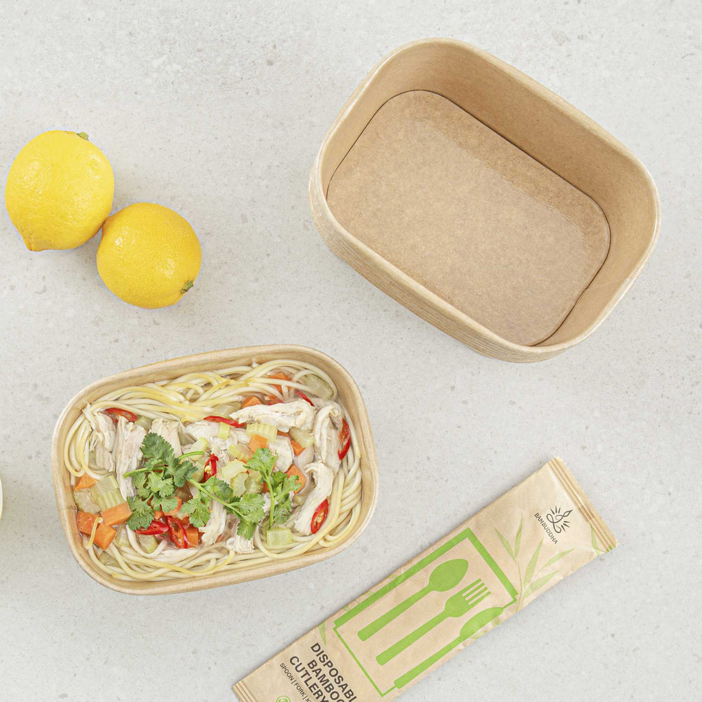 Heat Tek 34 oz Oval Kraft Paper Serving Container - Oven-Safe - 6 3/4" x 4 3/4" x 3" - 25 count box
