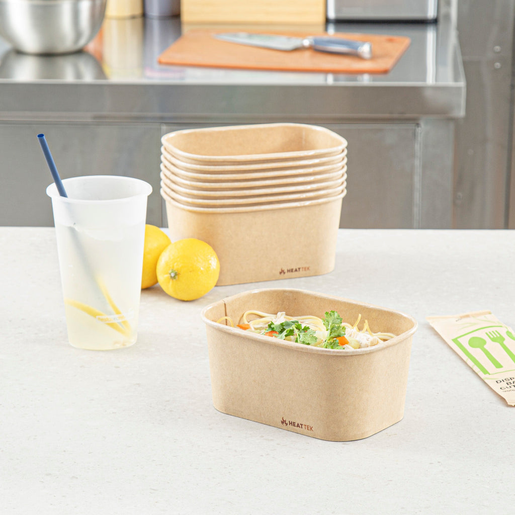 Heat Tek 34 oz Oval Kraft Paper Serving Container - Oven-Safe - 6 3/4" x 4 3/4" x 3" -100 count box