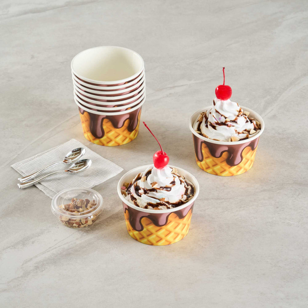 Coppetta 8 oz Round Chocolate Drizzle Paper To Go Cup - 3 3/4" x 3 3/4" x 2 1/4" - 50 count box