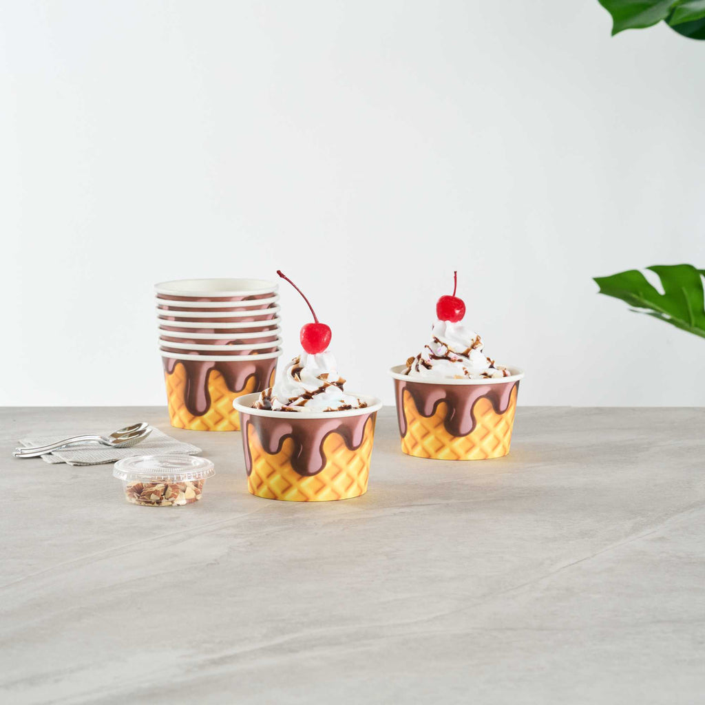 Coppetta 8 oz Round Chocolate Drizzle Paper To Go Cup - 3 3/4" x 3 3/4" x 2 1/4" - 50 count box