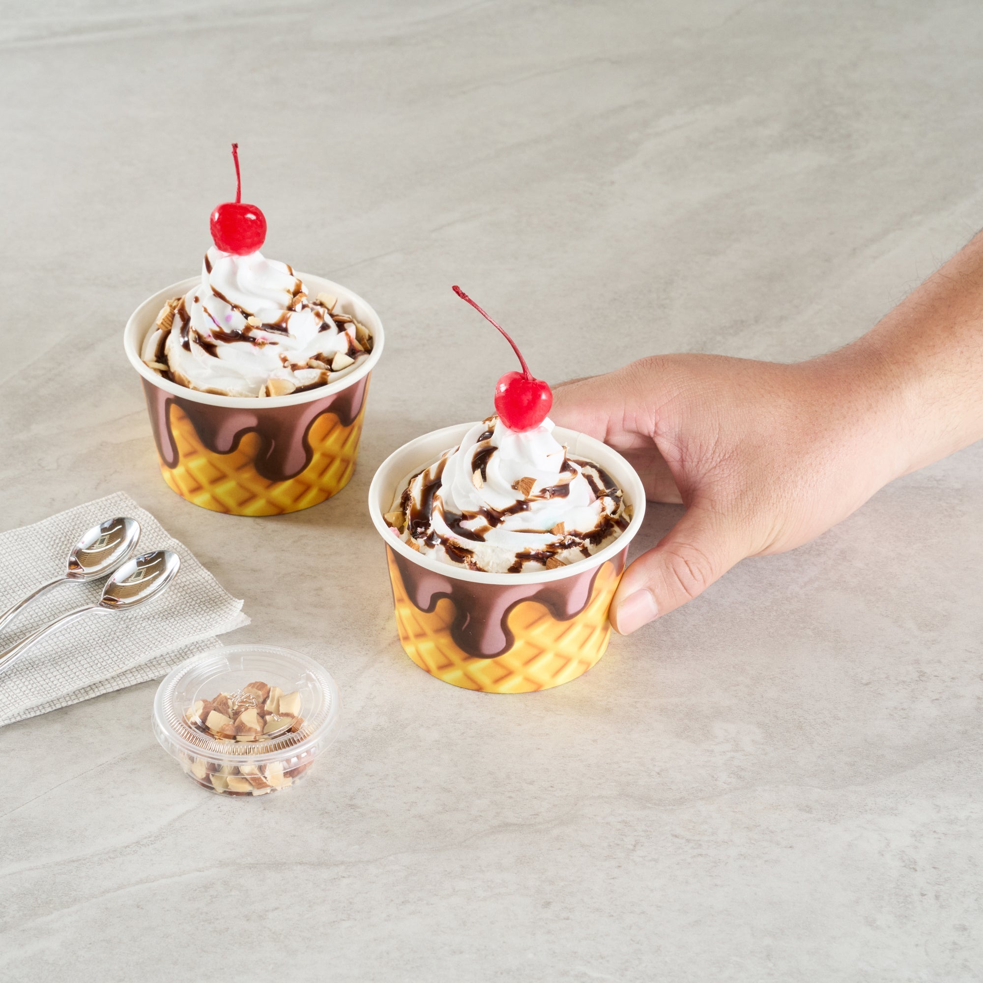 Coppetta 8 oz Round Chocolate Drizzle Paper To Go Cup - 3 3/4" x 3 3/4" x 2 1/4" - 200 count box