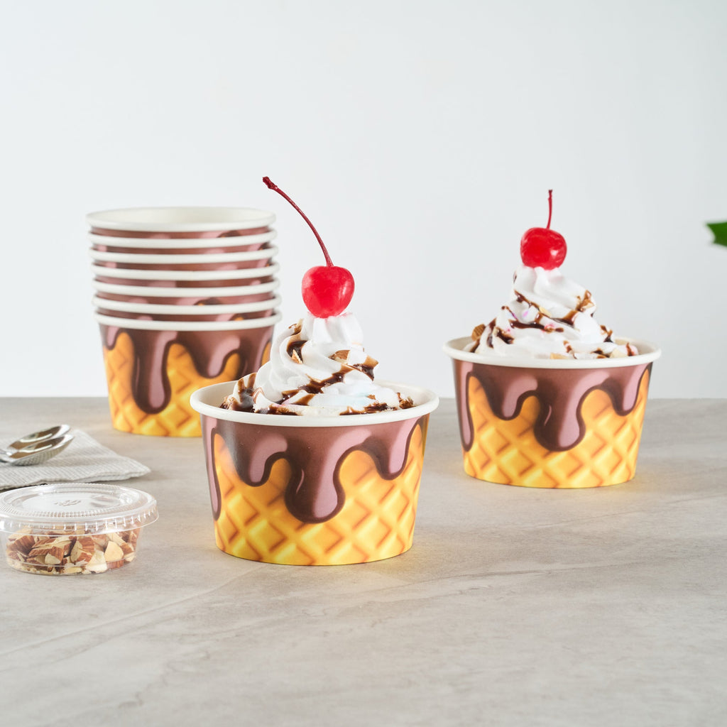 Coppetta 8 oz Round Chocolate Drizzle Paper To Go Cup - 3 3/4" x 3 3/4" x 2 1/4" - 200 count box