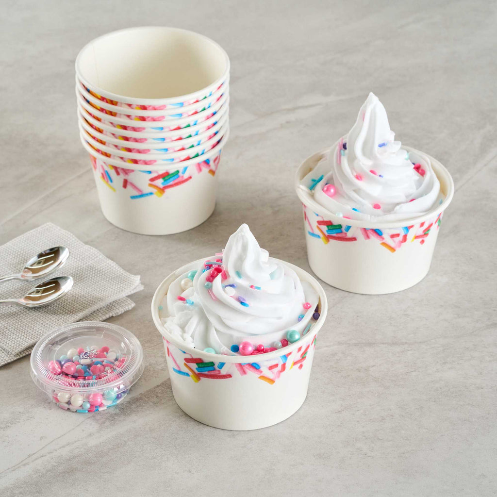 Coppetta 8 oz Round White Paper To Go Cup - with Festive Sprinkles - 3 3/4" x 3 3/4" x 2 1/4" - 50 count box