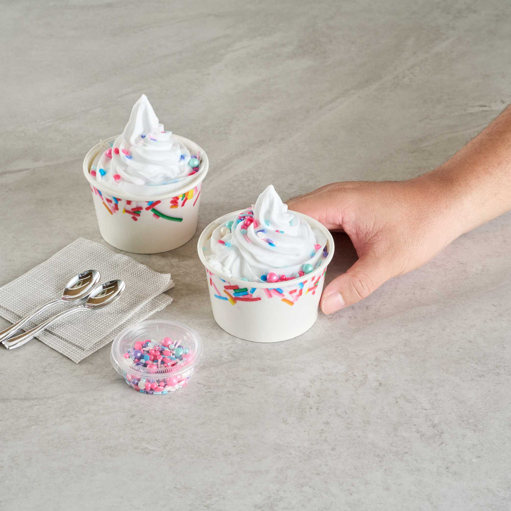 Coppetta 8 oz Round White Paper To Go Cup - with Festive Sprinkles - 3 3/4" x 3 3/4" x 2 1/4" - 50 count box
