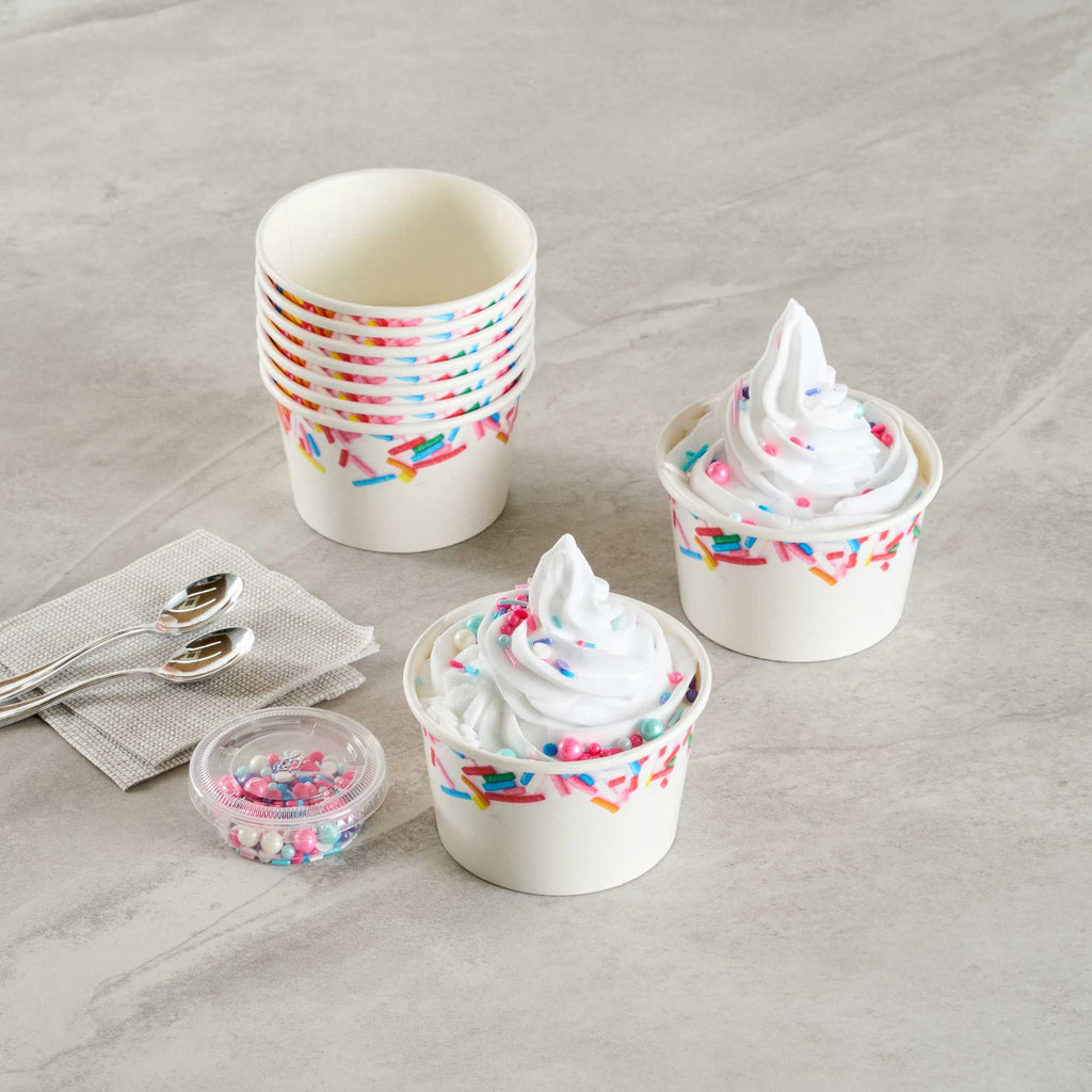 Coppetta 8 oz Round White Paper To Go Cup - with Festive Sprinkles - 3 3/4" x 3 3/4" x 2 1/4" - 50 count box