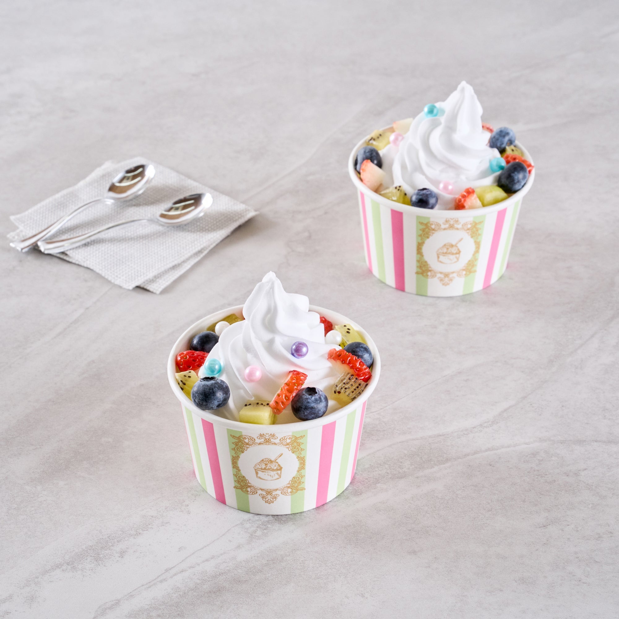 Coppetta 8 oz Round Green And Pink Stripe Paper To Go Cup - 3 3/4" x 3 3/4" x 2 1/4" - 200 count box